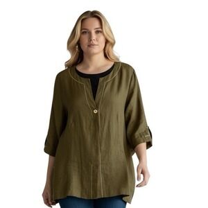 Marina Rinaldi 100% Linen 2X Tunic Blouse Gold Buttons Green Lagenlook Coastal
